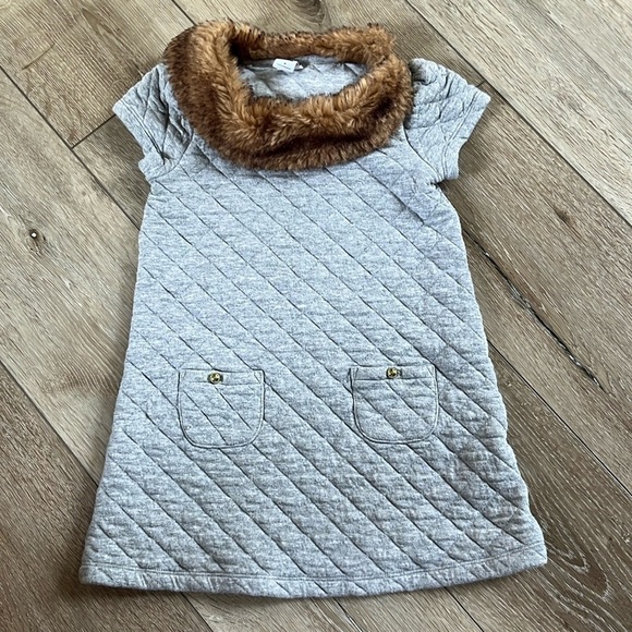 Janie & Jack Riding Lesson Faux Fur Collar Gray Quilted Shift Dress Girls Size 4 - Picture 1 of 7